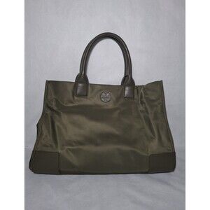 Tory Burch Ella Nylon Tote Faux Leather Trims Large Olive Green Casual Work Bag